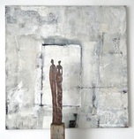 Bild: Mischtechnik auf Leinwand, 100x100cm, freistehende Stele mit Eisenfigur, ca. Höhe 180cm