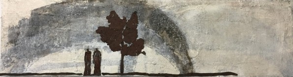 o.T.,Tusche, Collage, Eisenfigur auf Leinwand, 30x110cm (HxB), 2020