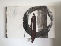 o.T., Tusche, Collage mit Eisenfigur auf Leinwand, 40x60cm (HxB), 2017